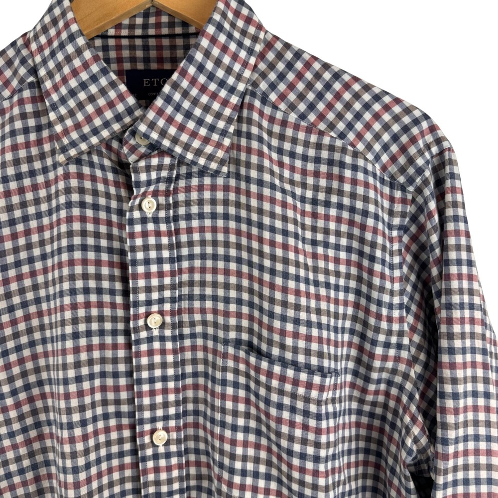 Eton Button‎ Up Shirt Mens 16.5 L Navy Red Gingham Check Contemporary Fit Cotton